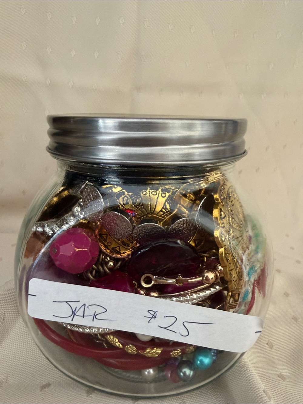 Mystery Glass Jar of Assorted Costume Jewelry - Pink & Gold Accents